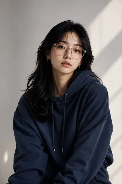 Create a premium fashion-editorial half-body portrait of a beautiful young East Asian woman (Japanese/Korean appearance,
