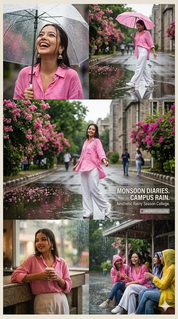 Aesthetic rainy season college portrait collage of a stylish young woman in a pink oversized shirt and white wide-leg pa