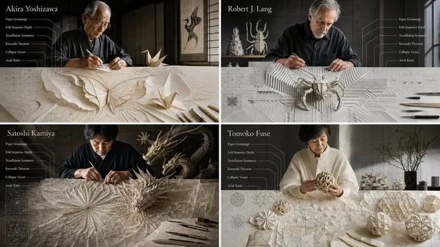 SYSTEM: Render each folder as a “Washi Paper Becoming Geometry.” Each panel contains one central artisan emerging from a