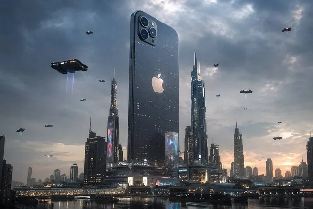 A futuristic city dominated by an enormous Apple iPhone standing as a skyscraper, glowing screens illuminating surroundi
