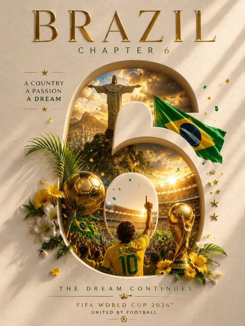 Luxury World Cup legacy poster featuring a sculpted number representing the next title, filled with national landmarks, fans, and championship elements, with country name and 'Road