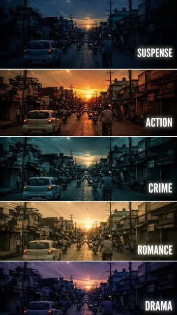 Create a vertical cinematic tutorial comparison poster showing the same urban street scene repeated in five horizontal p
