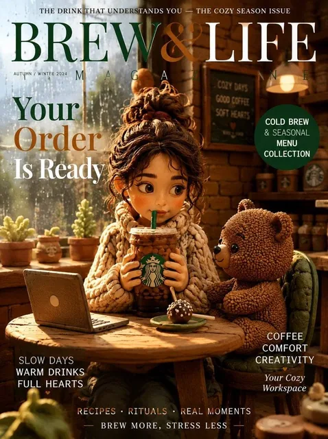 [SUBJECT]: A cozy claymation girl with a clay messy bun and oversized clay sweater, both hands wrapped around a giant St