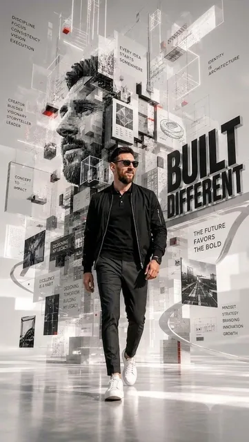 A futuristic monochrome motivational digital artwork featuring a man resembling *Lionel Messi* walking forward confident