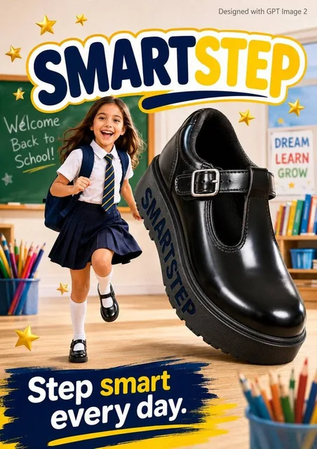 A bright back to school advertisement poster. An excited young girl age 8 in a neat school uniform skips happily beside