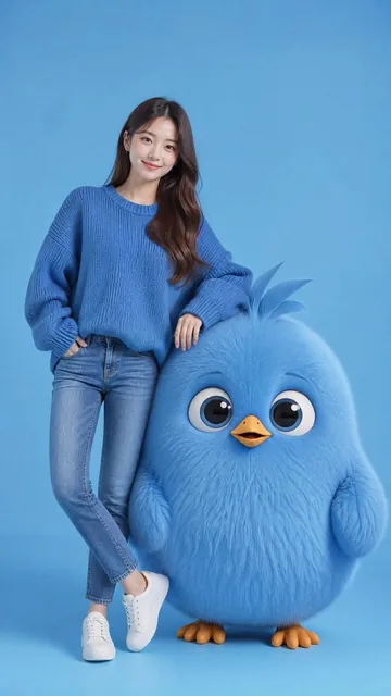 Ultra-realistic studio portrait with a clean monochromatic sky-blue background. A beautiful stylish young Korean woman w