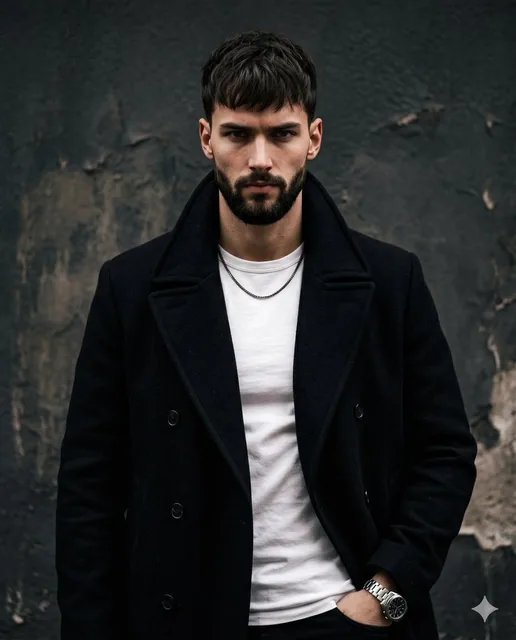 An adult male stands squarely facing the camera with level shoulders and a centered stance, his intense, serious direct