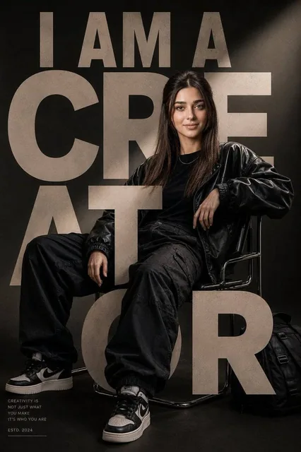 Ultra-premium fashion editorial poster, luxury streetwear aesthetic, 4:5 portrait composition. A confident young woman s