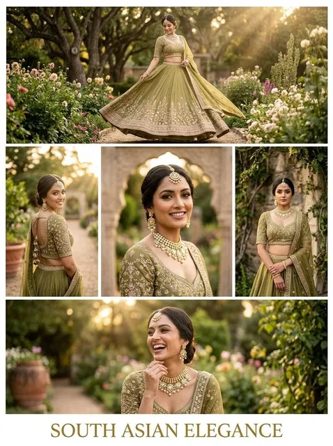 Elegant multi-frame portrait poster of a stunning young South Asian woman in an olive-green embroidered lehenga, flowing