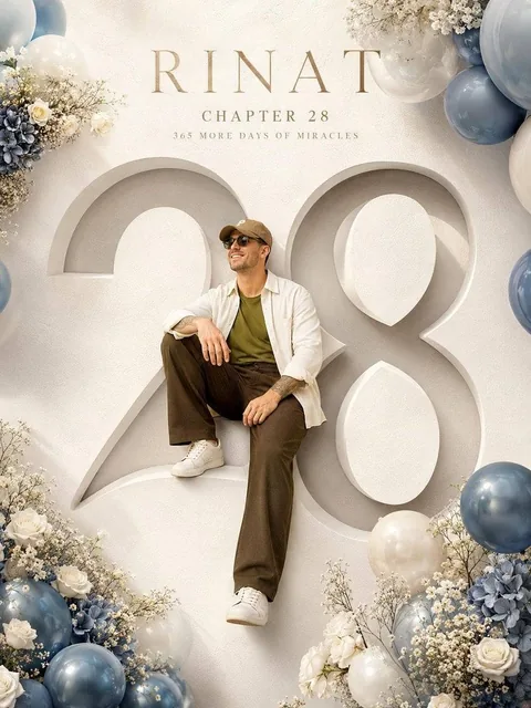 Create a luxury minimalist birthday milestone poster featuring a giant 3D number “[Age]” carved into a premium ivory-whi