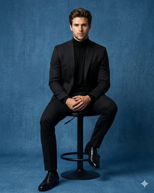 Hyper-realistic luxury studio full-body portrait of a confident young man seated on a premium matte-black designer stool