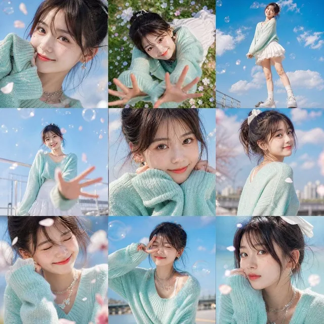 A vibrant 3×3 grid photo collage containing nine unique and expressive poses based on the uploaded female facial photos.