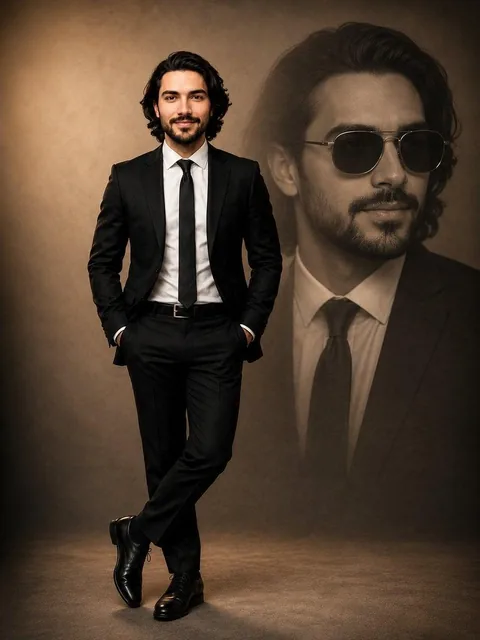 Portrait of a confident young man in a perfectly tailored black suit, white dress shirt and slim black tie, standing wit