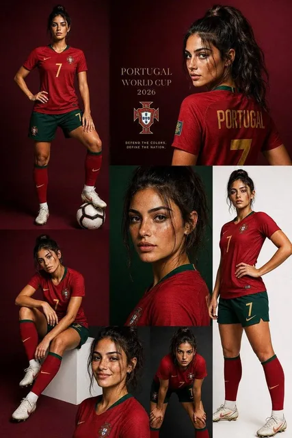 Create a luxury sports fashion collage editorial featuring a stylish young Portuguese woman in Portugal national footbal