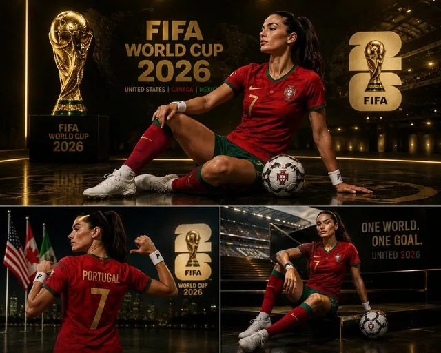 Create a premium 3-panel FIFA World Cup 2026 inspired sports poster collage featuring a confident female football suppor