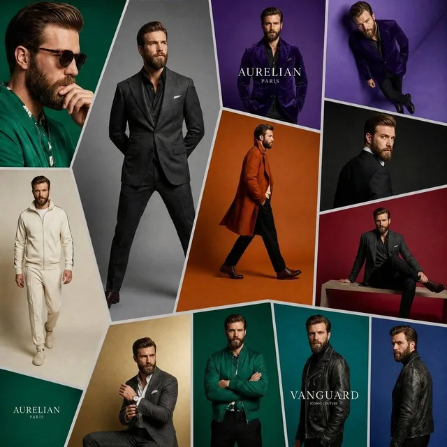The SAME handsome Hollywood-inspired male model with a perfectly groomed beard appears repeatedly across oversized rando