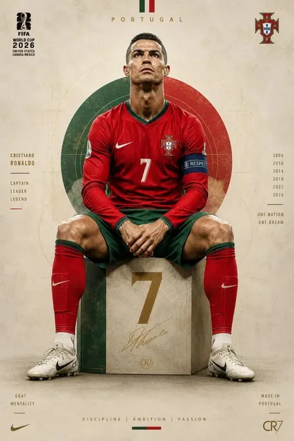 Ultra-detailed football portrait poster of a legendary Portuguese footballer sitting on a geometric cube with the number