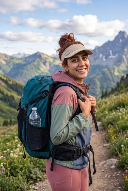 A young woman with auburn hair tied up in a messy bun, wearing a beige visor, stands on a mountain hiking trail and turn