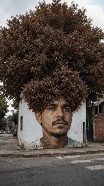 Ultra-realistic street art illusion, a short white building with a giant mural of the uploaded man painted on its side w