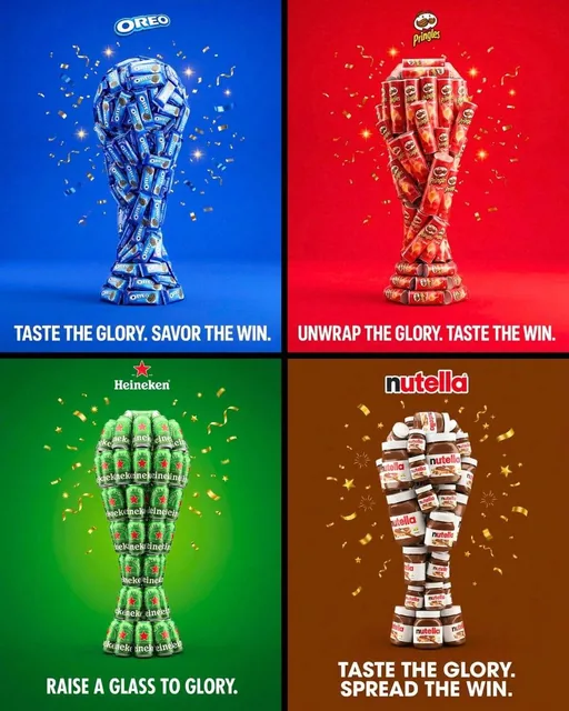 A professional advertisement for [Brand] showcasing [Product] arranged in the shape of the FIFA World Cup trophy against a vibrant brand-colored background, with confetti and a bol