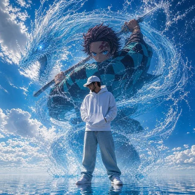 Ultra-realistic cinematic fantasy portrait, low-angle wide shot over a vast reflective ocean surface instead of land, cr