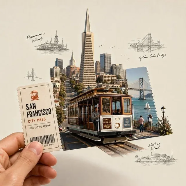 Ultra detailed mixed media collage art, human hand holding a vintage paper travel ticket in close-up foreground, ticket