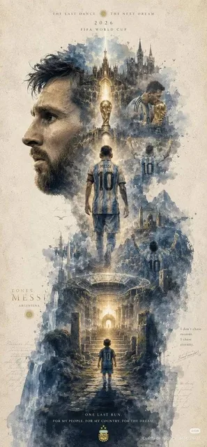 Epic cinematic watercolor poster of Lionel Messi, giant side-profile portrait dominating the left side, multiple moments