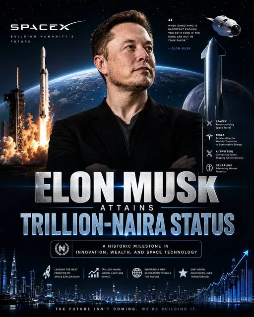 Create a bold, cinematic SpaceX achievement poster featuring Elon Musk as the main subject. Show Elon Musk standing conf