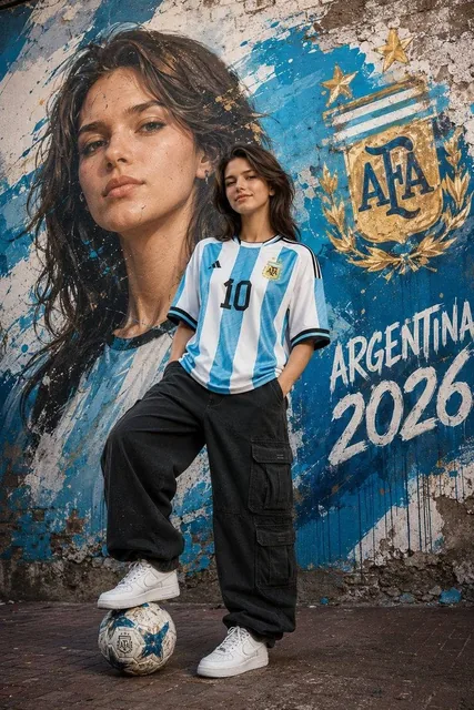 A confident young woman standing with one foot on a soccer ball, wearing an Argentina national football jersey with numb