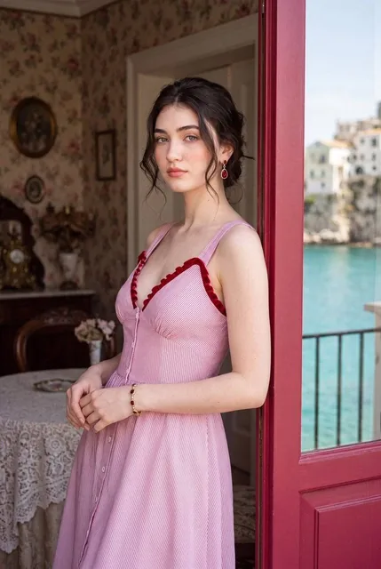 Photorealistic romantic European travel editorial portrait of a beautiful young woman, standing in an open crimson-red b