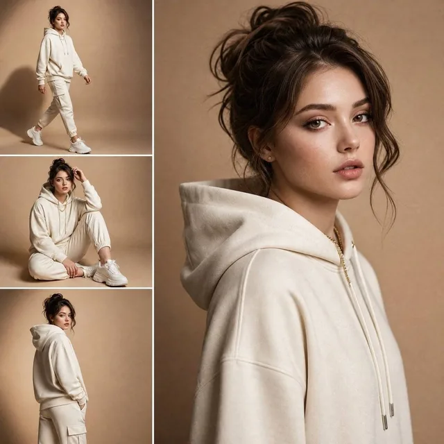 A high-end luxury fashion lookbook editorial presented as a dynamic multi-panel collage grid featuring a stylish female