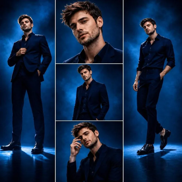 A 1:1 aspect ratio luxury fashion editorial. The center panel is a three-frame collage showing a model in an all-black outfit. The left panel features a full-body cinematic shot of