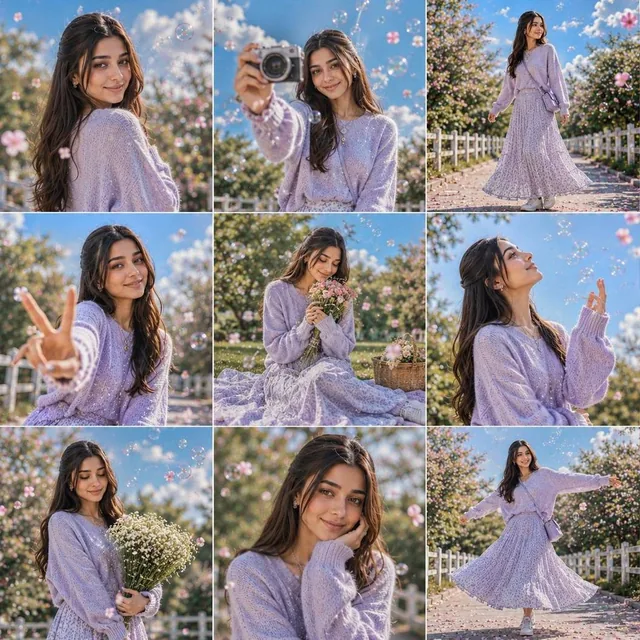 A vibrant 3×3 grid photo collage containing nine completely unique and expressive moments of the same girl. Each frame n