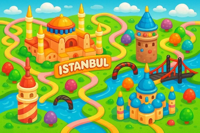 A colorful, playful 2D map of...