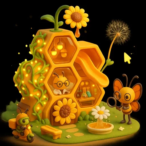 创建图像 3D Q版迷你风格，一座蜂巢结构的甜蜜科研基地，建...