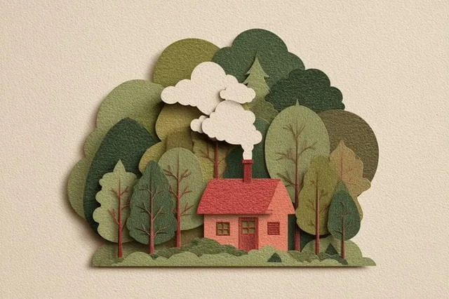 Layered paper-cut illustration...