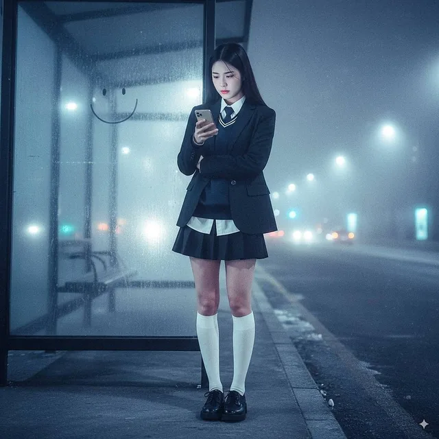 A hyper-realistic, 4K, full-body night-time portrait of a 23-year-old Korean woman with clear pale skin and long straigh