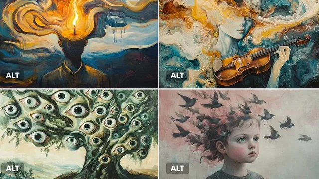 A surreal oil painting of a [s...