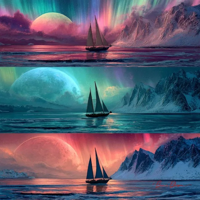 Three different fantasy sailbo...