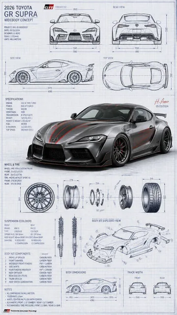 Highly detailed technical blueprint sketch and realistic 3D–render fusion of a custom modified car 2026 Toyota GR Supra.
