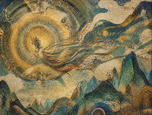 远古失落文明壁画，一位敦煌飞天仙女从巨大金色曼陀罗中缓缓飞出，头戴宝冠，身披长达数十米的飘带，飘带化作空间结构与宇宙轨迹。整个天空由同心圆佛光、神圣几何图案与矿物色域构成，没有传统背景与前景的区分。层叠群山如晶体般生长，由石青、翠绿与赭石色