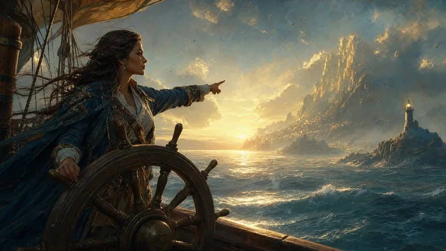 Many years later, the granddaughter now grown into a wise serene navigator standing at the helm of a ship pointing the w