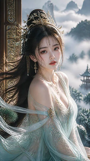 8K超高清，极致写实真人质感，电影级光影，一位绝代风华的古风东方女子，身姿窈窕优雅，五官精致绝伦，眉眼温婉又自带清冷氛围感，发丝轻盈随风肆意飘动，根根分明富有层次；头戴重工奢华古风头饰，鎏金雕花、珍珠、玉石、流苏点缀，造型繁复华丽；身着清透