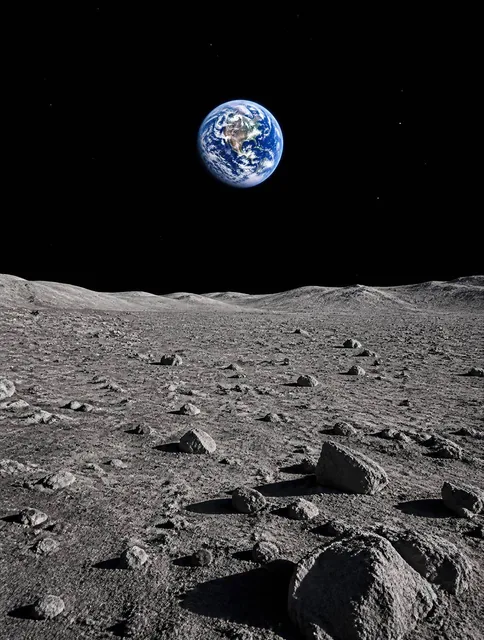 A photorealistic view from the surface of the Moon looking at Earth. The foreground is the barren lunar surface with gra