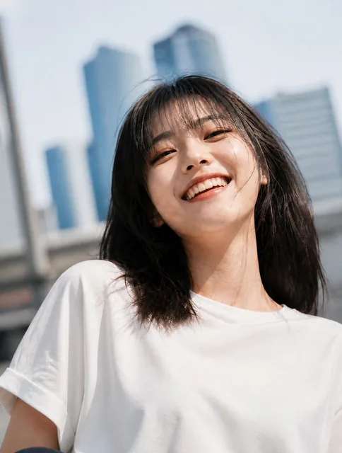Ultra-realistic portrait of a young woman with a confident expression, soft glossy skin, subtle editorial makeup, and diffused natural lighting, set against a stylish urban backgro