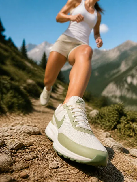 A hyperrealistic Nike sneaker advertisement shot on a sunny mountain trail during a bright afternoon. A fit woman wearin