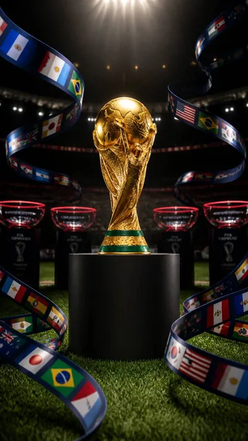 The FIFA World Cup trophy sits centered on a matte black cylindrical pedestal, its polished gold surface reflecting over