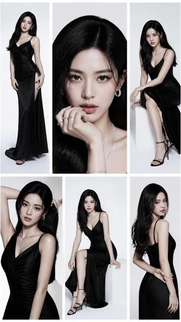 A high-fashion studio editorial featuring a K-pop idol in a multi-panel clean grid. One bold central close-up, surrounde