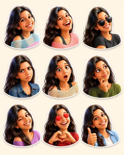 Create a premium Pixar-style 3D character sticker set that is clearly recognizable as the same person. Use the uploaded