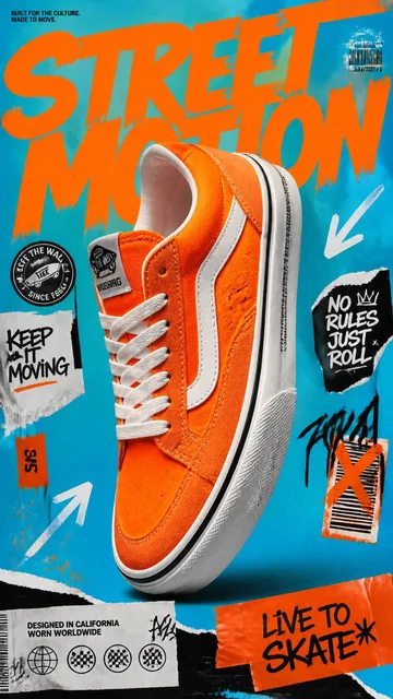 A premium 9:16 streetwear advertising poster featuring a single oversized bright-orange skate sneaker centered against an electric cyan backdrop with bold graphic accents and disto